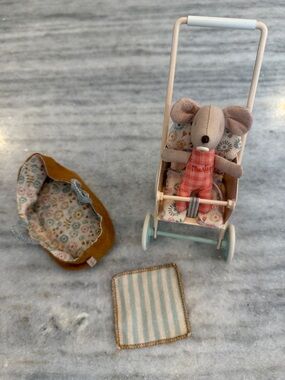 Retired Maileg Baby Mouse in Carry Cot with Upright Stroller